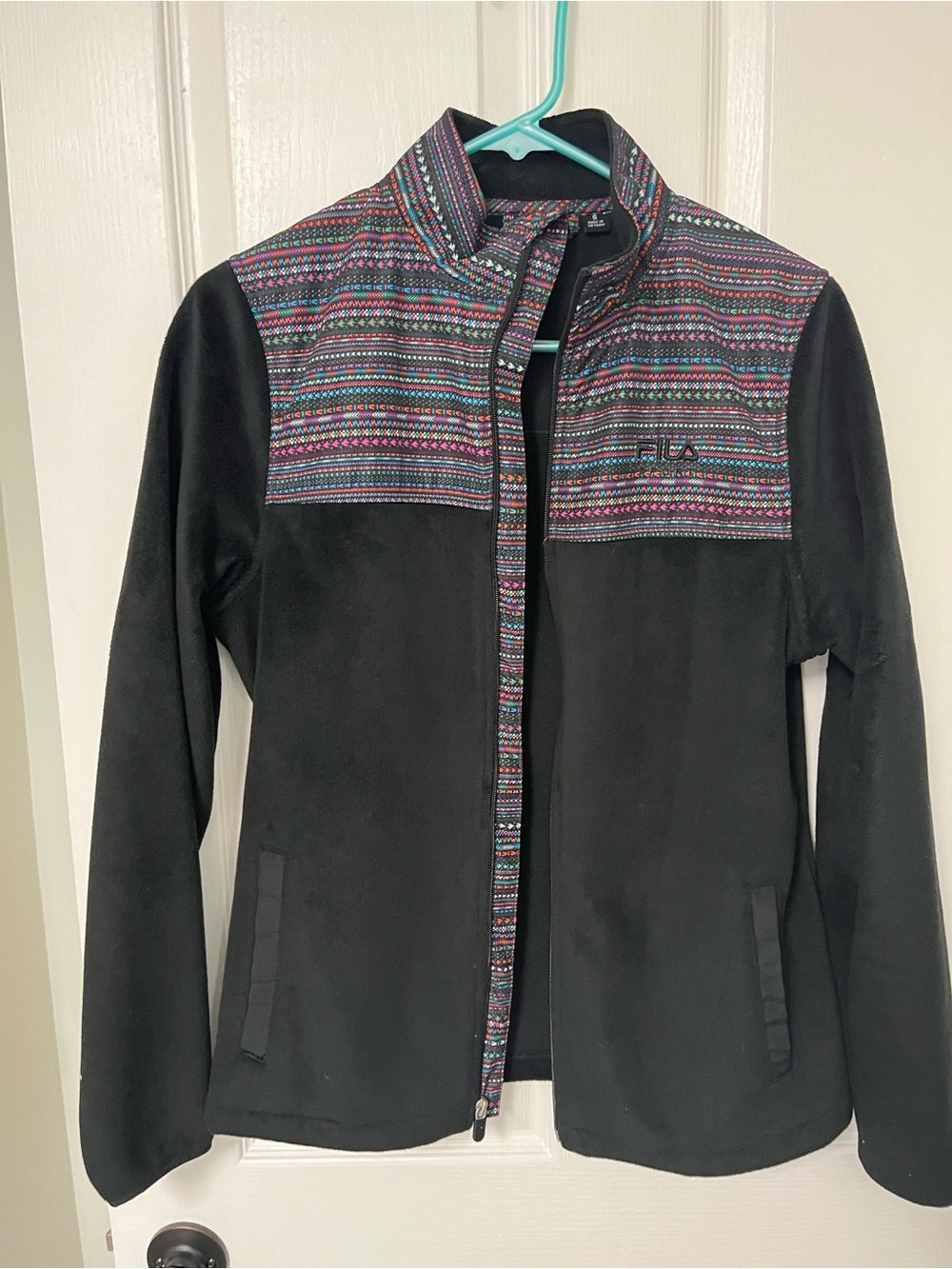 Fila Black Fleece Jacket with Multicolor Patterned Yoke
